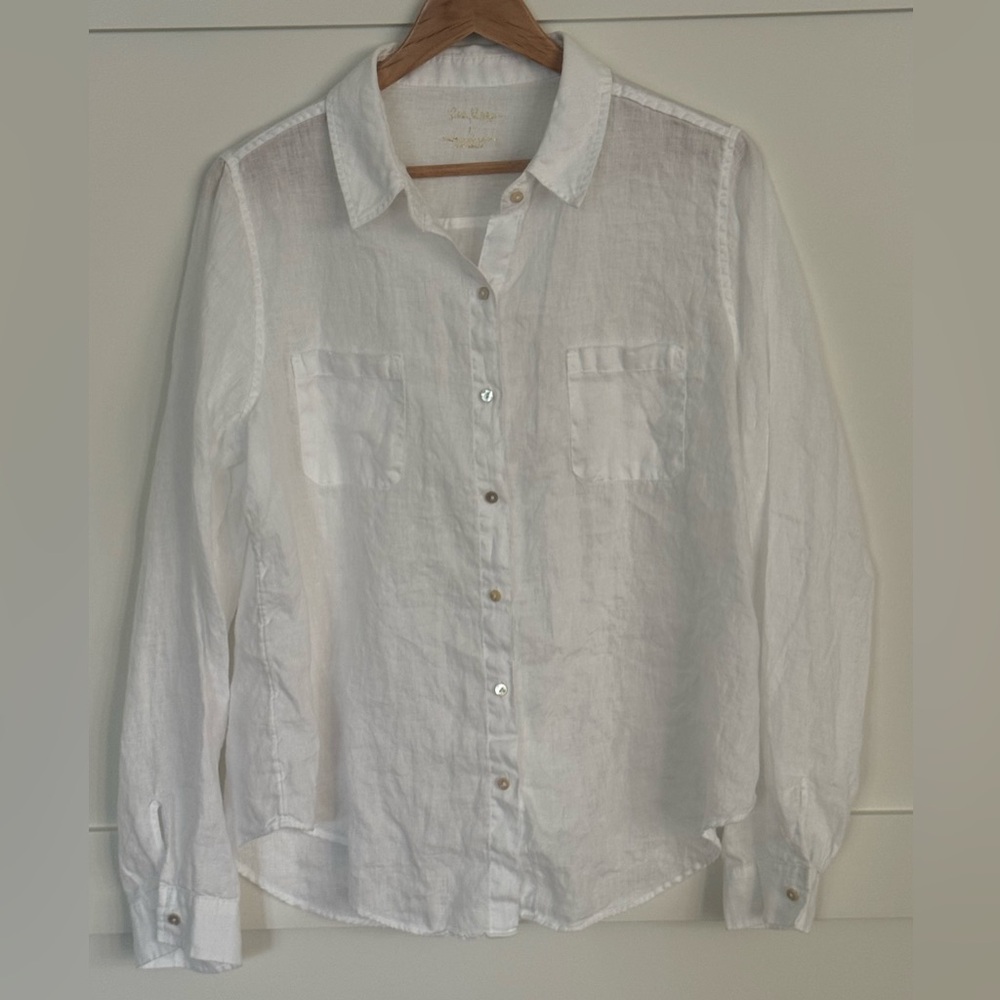Lilly Pulitzer Women's White Linen Collared Button Up Shirt Size Large
